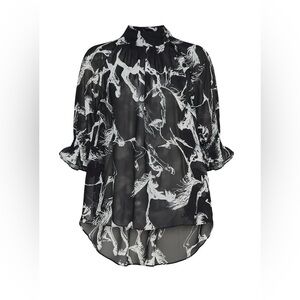 Adam Lippes-Printed Chiffon Mockneck Blouse Smocked Sleeves- Black Pony. Size 4